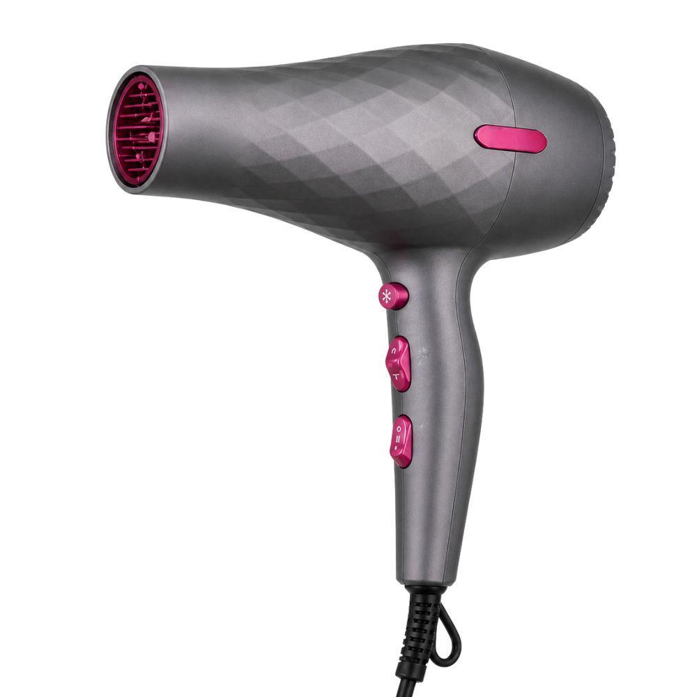 phon professionale asciugacapelli con beccuccio potente, leggero e rapido - foto 1 Phon grigio e rosa, forma ergonomica, beccuccio concentratore in evidenza, su sfondo bianco