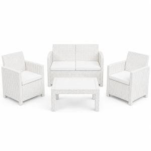 Set salotto da giardino esterno effetto rattan 4 pezzi con tavolino e cuscini