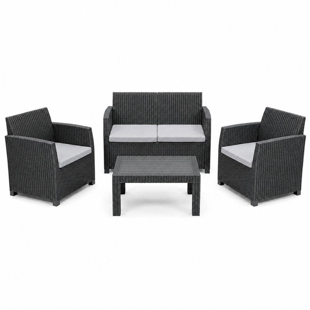 set salotto da giardino esterno effetto rattan antracite 4 pezzi con tavolino e cuscini - foto 1 set salotto da giardino esterno effetto rattan antracite 4 pezzi con tavolino e cuscini - foto 1