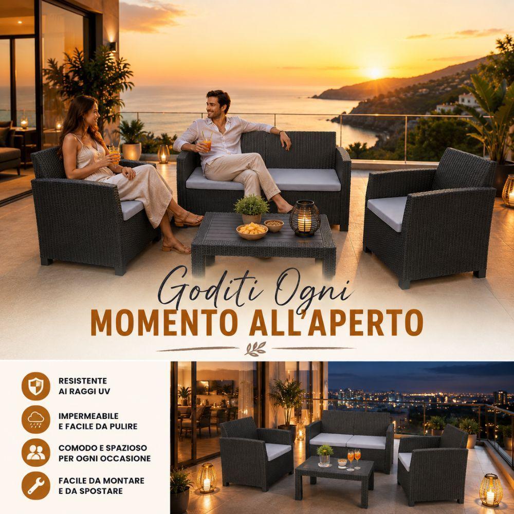 set salotto da giardino esterno effetto rattan antracite 4 pezzi con tavolino e cuscini - foto 2 set salotto da giardino esterno effetto rattan antracite 4 pezzi con tavolino e cuscini - foto 2