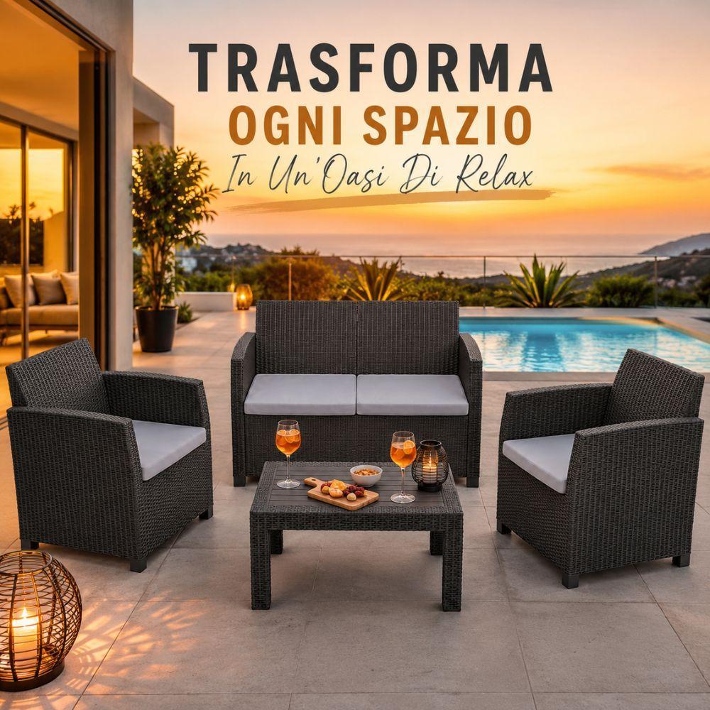 set salotto da giardino esterno effetto rattan antracite 4 pezzi con tavolino e cuscini - foto 3 set salotto da giardino esterno effetto rattan antracite 4 pezzi con tavolino e cuscini - foto 3