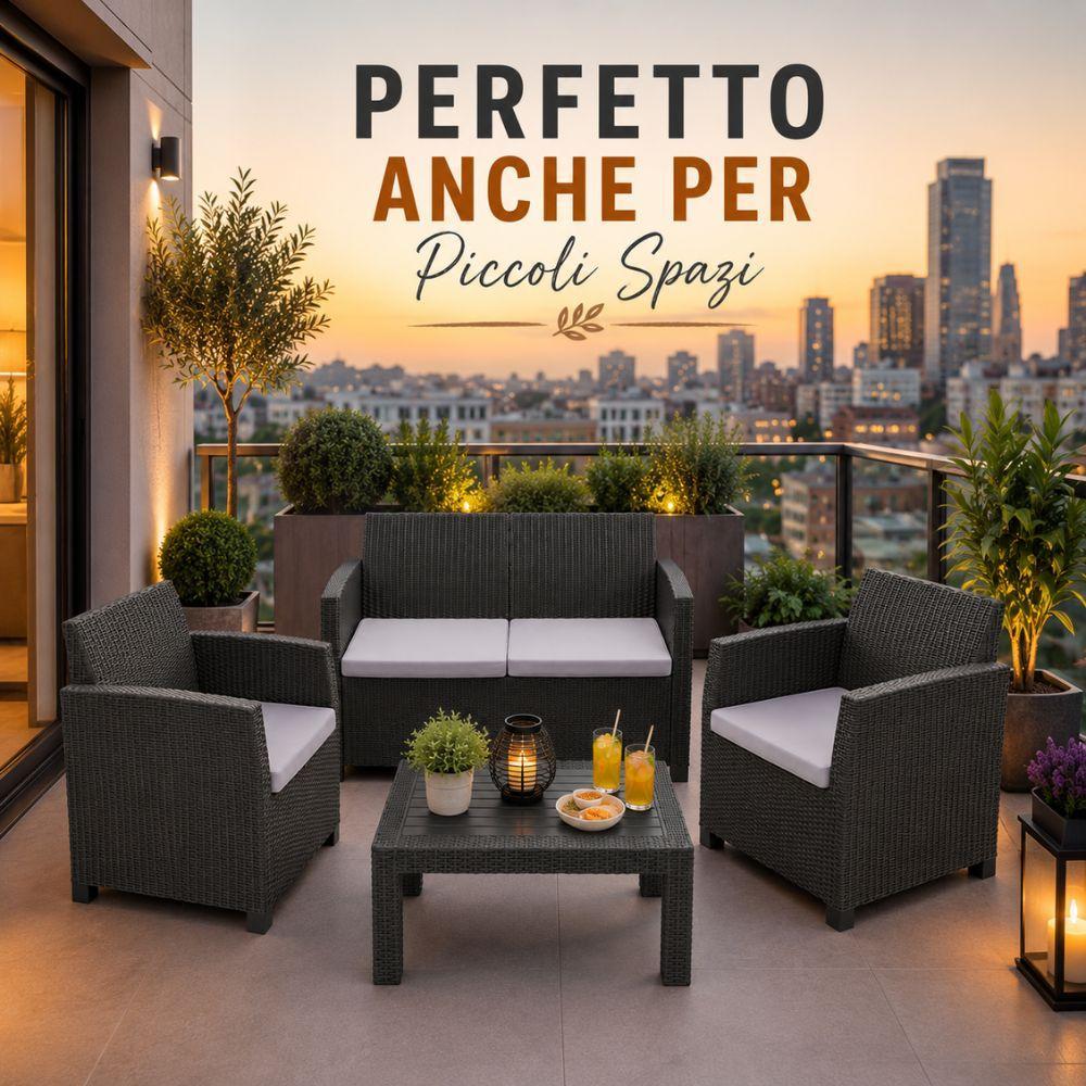 set salotto da giardino esterno effetto rattan antracite 4 pezzi con tavolino e cuscini - foto 5 set salotto da giardino esterno effetto rattan antracite 4 pezzi con tavolino e cuscini - foto 5