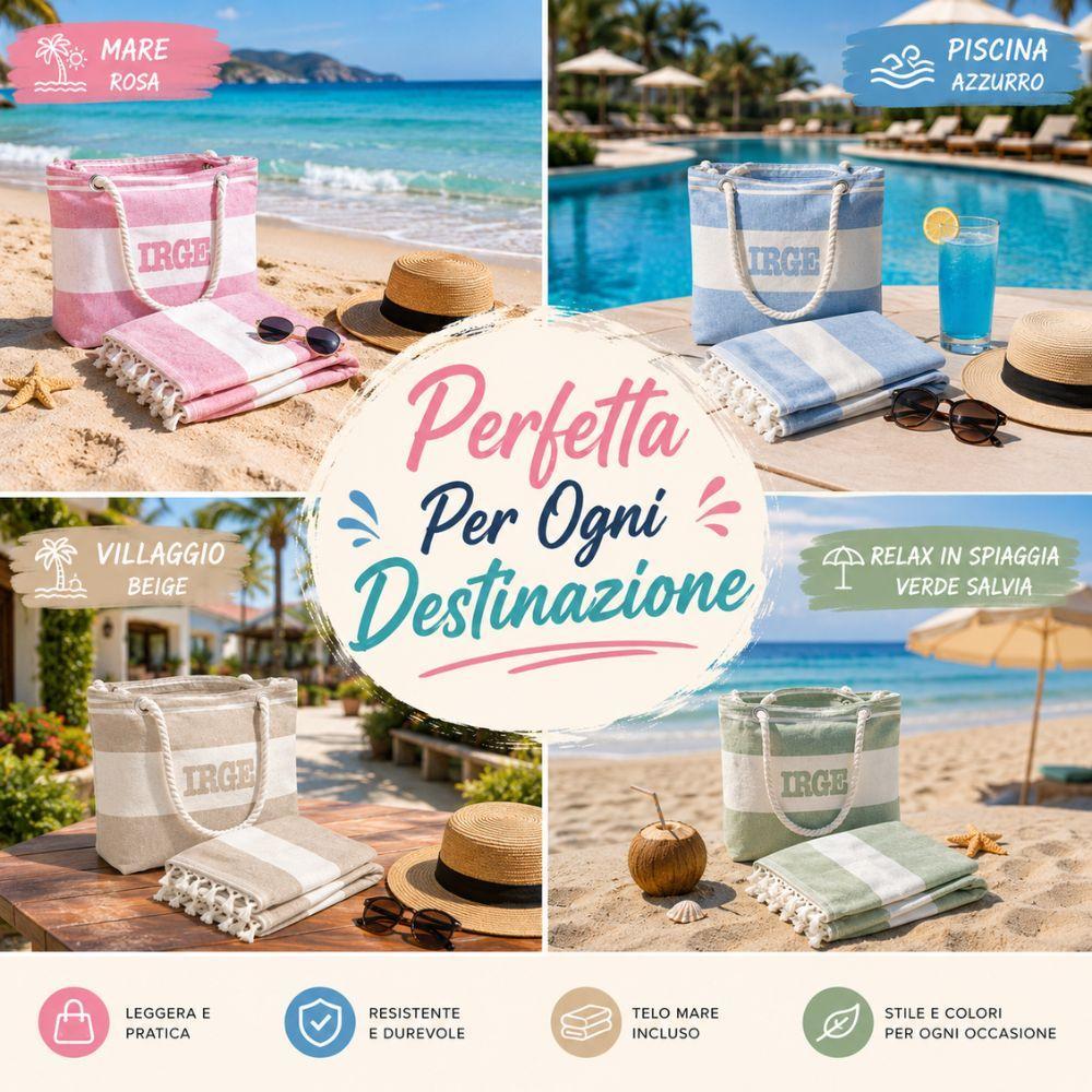  set mare 2 pezzi borsa mare con manici in corda + telo mare coordinato - foto 2