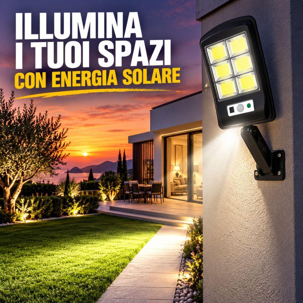 faro led solare da esterno pannello solare con telecomando - foto 2 Faro LED solare installato su parete esterna di casa al tramonto, che illumina il giardino