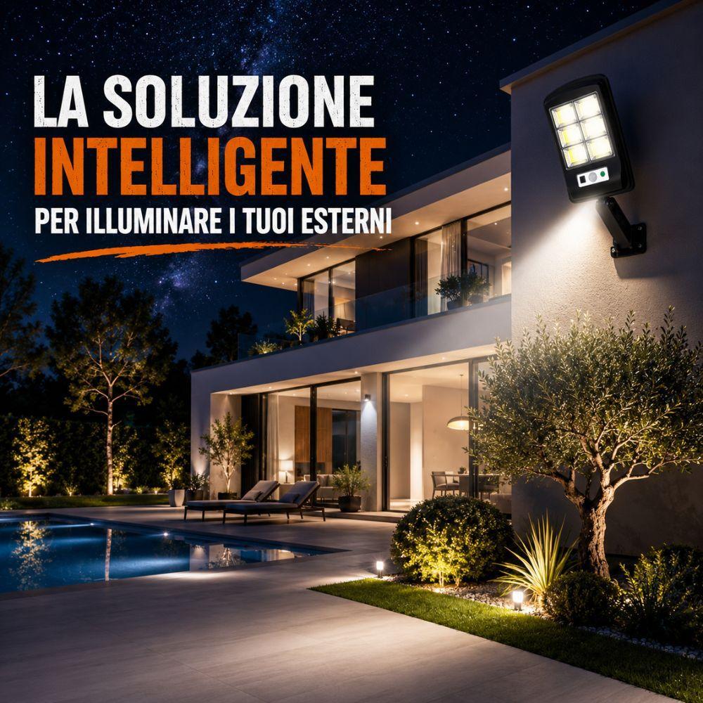 faro led solare da esterno pannello solare con telecomando - foto 4 Faro LED solare installato su parete che illumina una terrazza esterna con piscina di notte
