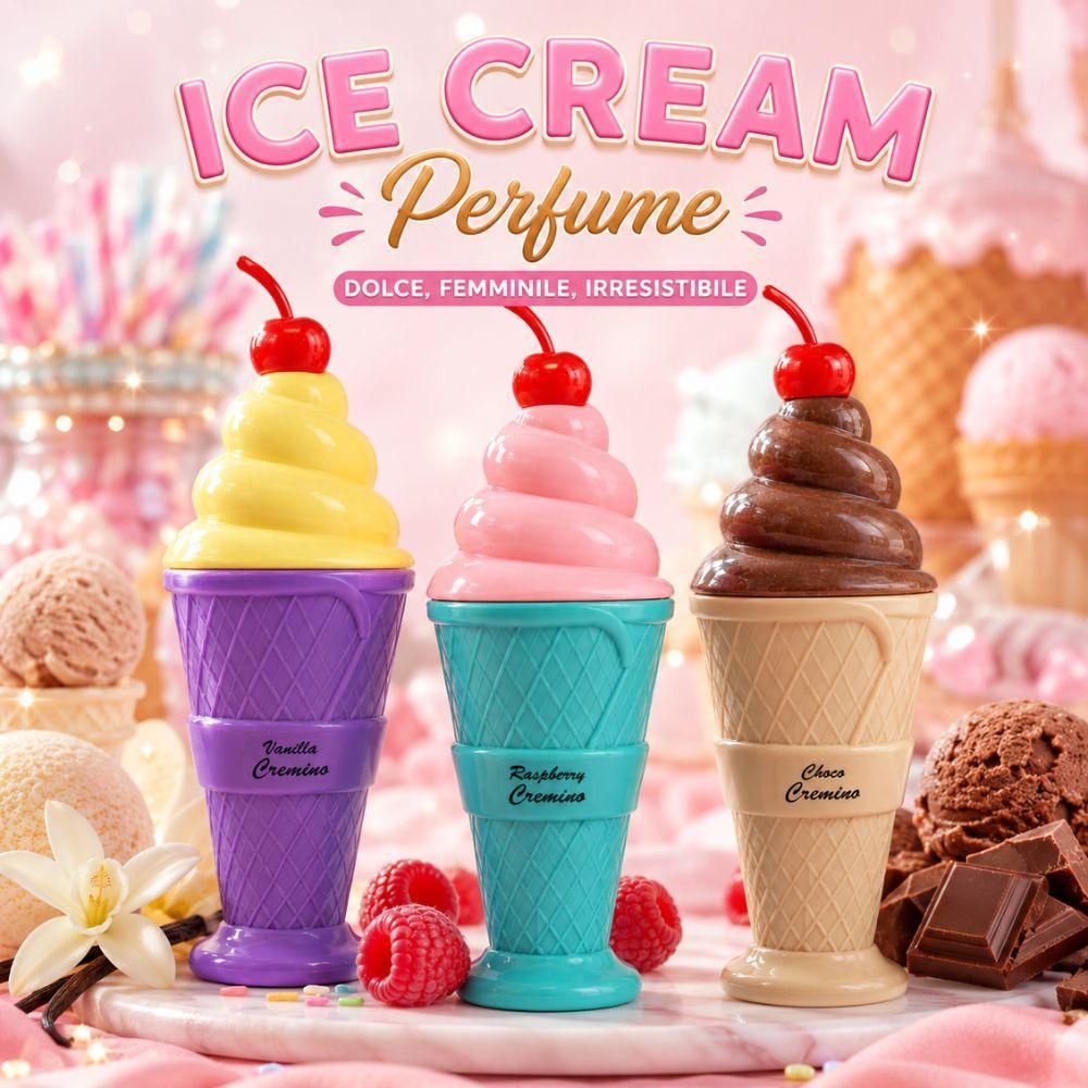profumo donna ice cream cremino eau de parfum - foto 2 Tre bottiglie profumo gelato con fiori rosa, fragole, biscotti e testo ICE CREAM Perfume