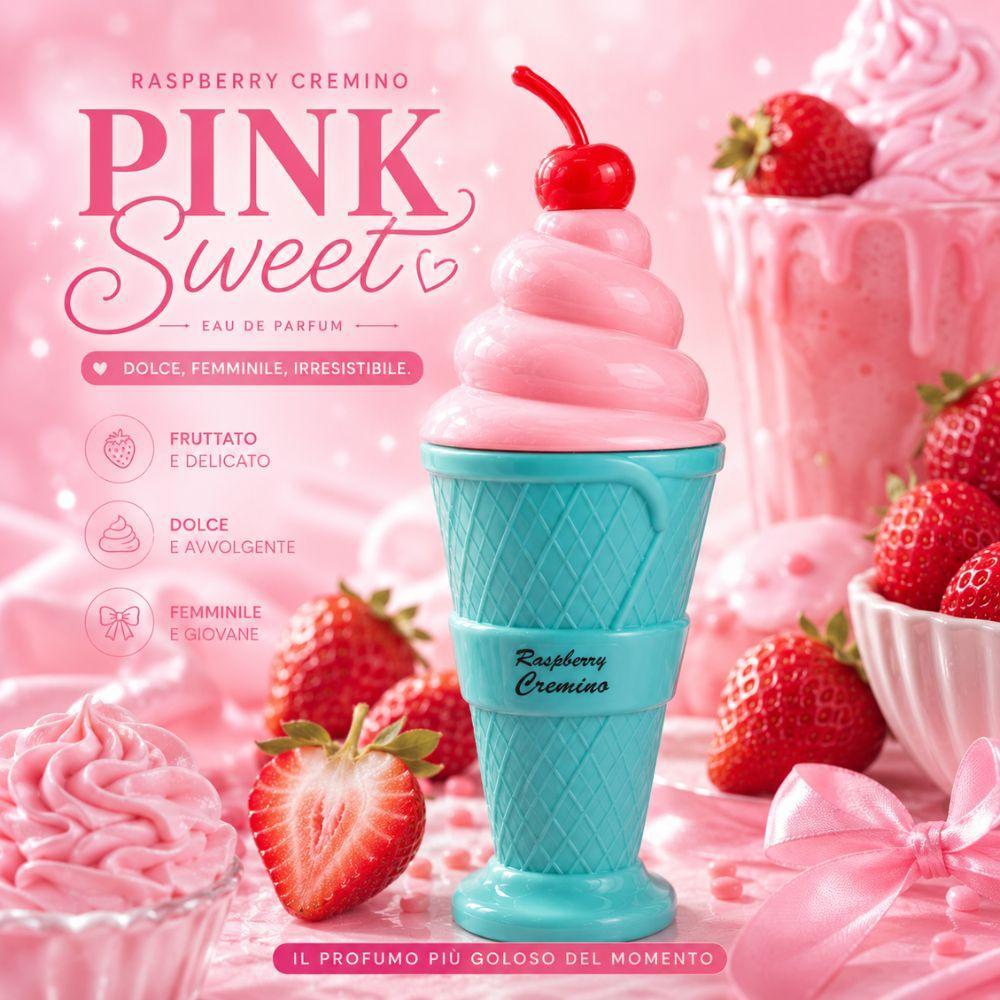 profumo donna ice cream cremino eau de parfum - foto 4 Bottiglia profumo gelato rosa Pink Sweet Raspberry Cremino con fragole e fiori su sfondo