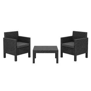 Set salotto da giardino in rattan dark antracite con tavolino e cuscini