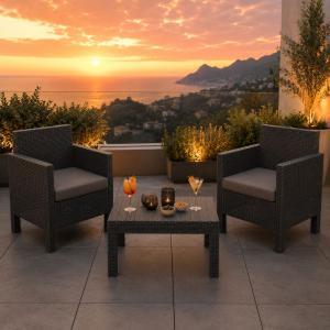 Set salotto da giardino in rattan dark antracite con tavolino e cuscini