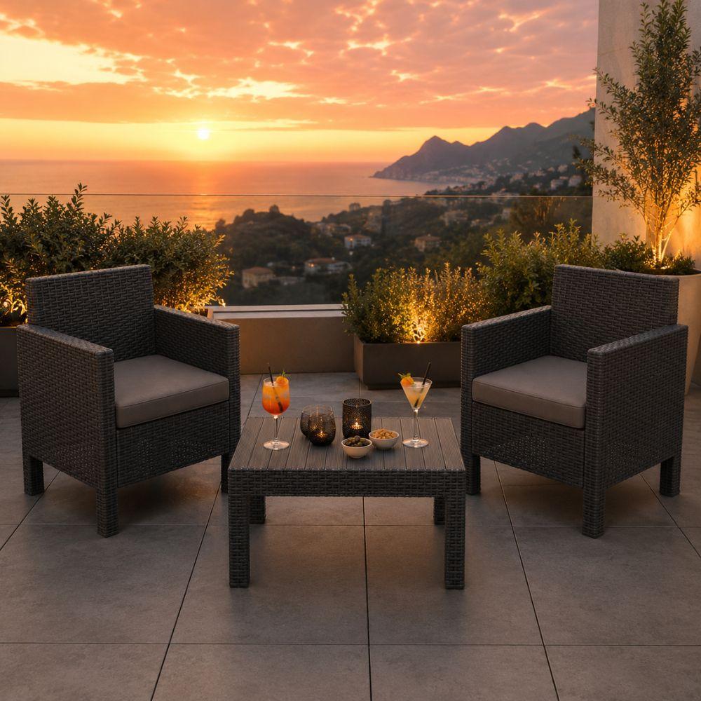  set salotto da giardino in rattan dark antracite con tavolino e cuscini - foto 2
