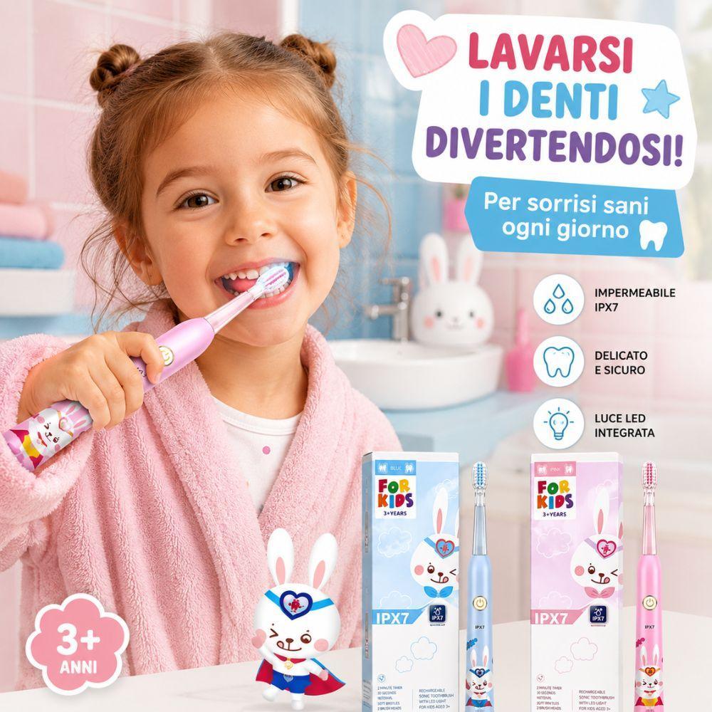 spazzolino elettrico bambini ricaricabile con luci led - foto 2 Bambina che spazzola i denti con lo spazzolino elettrico durante la routine d'igiene orale quotidiana