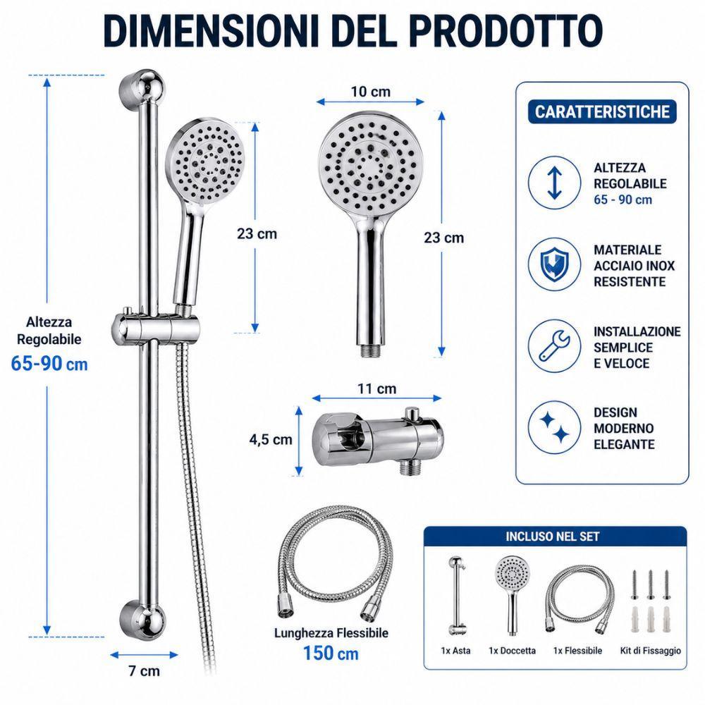  set doccia saliscendi con doccetta multifunzione e flessibile in acciaio cromato - foto 5
