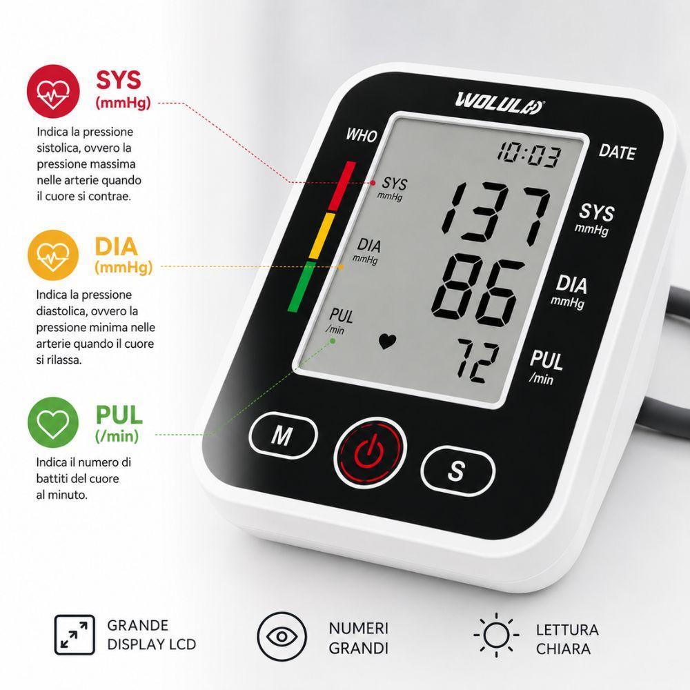 Misuratore automatico di pressione con display LCD digitale e bracciale