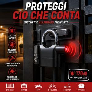 Lucchetto allarmato antifurto 70mm con allarme sonoro per moto bici garage cancello