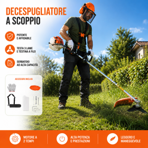 Decespugliatore a scoppio 52cc con testina a 2 fili automatica e disco a 3 denti