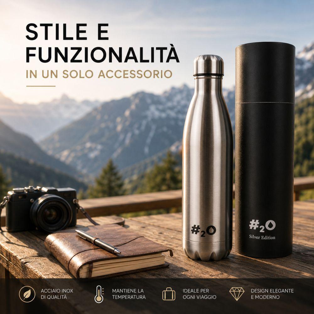 Borraccia termica con custodia in montagna accanto a fotocamera e quaderno