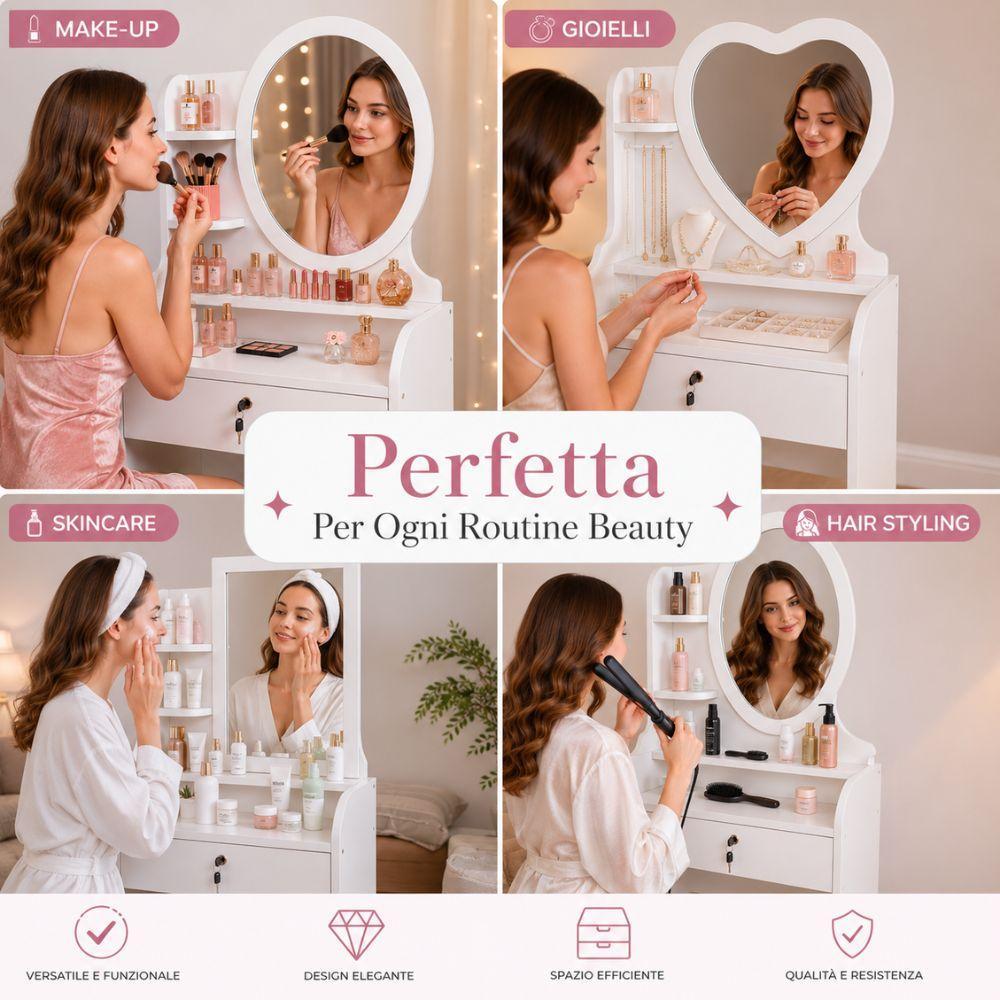 toeletta vanity con specchio e sgabello tavolo trucco porta cosmetici - foto 3 toeletta vanity con specchio e sgabello tavolo trucco porta cosmetici - foto 3