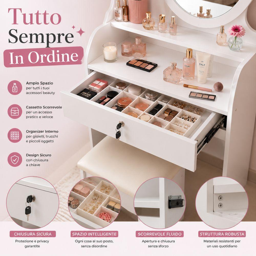 toeletta vanity con specchio e sgabello tavolo trucco porta cosmetici - foto 4 toeletta vanity con specchio e sgabello tavolo trucco porta cosmetici - foto 4