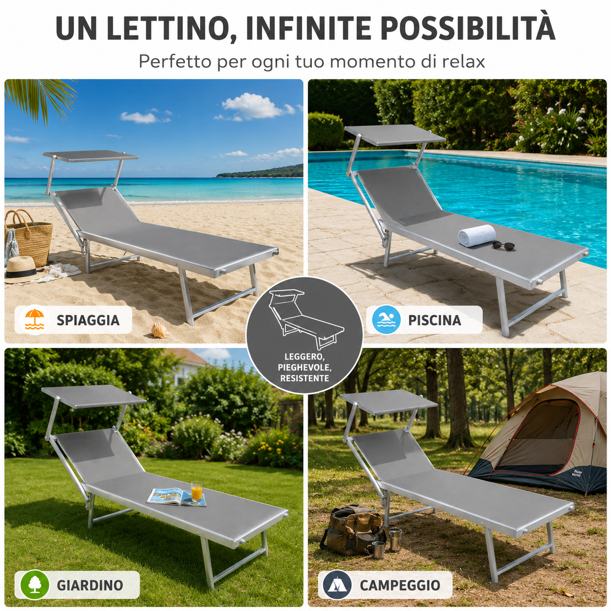 lettino prendisole pieghevole in alluminio con tettuccio parasole regolabile - foto 4 lettino prendisole pieghevole in alluminio con tettuccio parasole regolabile - foto 4