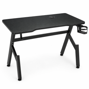Scrivania gaming 80x50x75h cm effetto fibra di carbonio con portabicchiere, gancio cuffie e passacavi