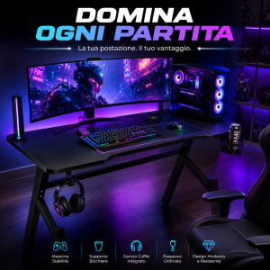 Scrivania gaming 80x50x75h cm effetto fibra di carbonio con portabicchiere, gancio cuffie e passacavi