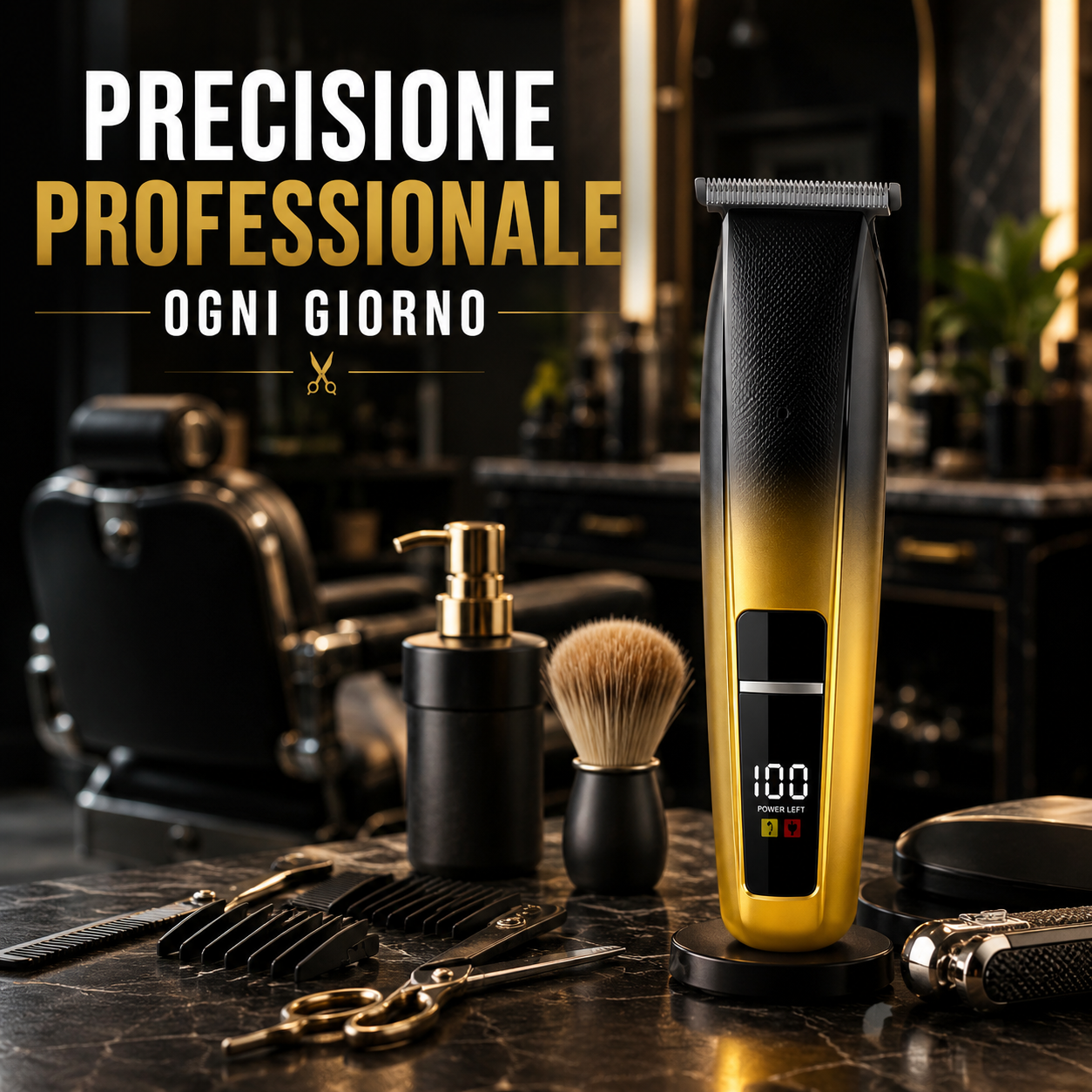 tagliacapelli e regolabarba professionale ricaricabile con display digitale - foto 3 Tagliacapelli con accessori professionali: pennello, spray, pettine in ambientazione barberia