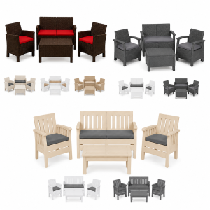 Set salotto da giardino esterno 4 pezzi in resina effetto rattan con cuscini