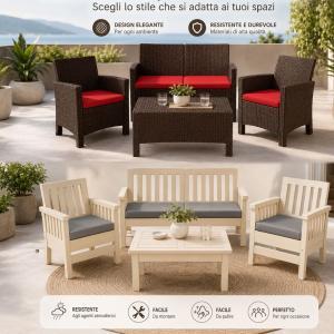Set salotto da giardino esterno 4 pezzi in resina effetto rattan con cuscini