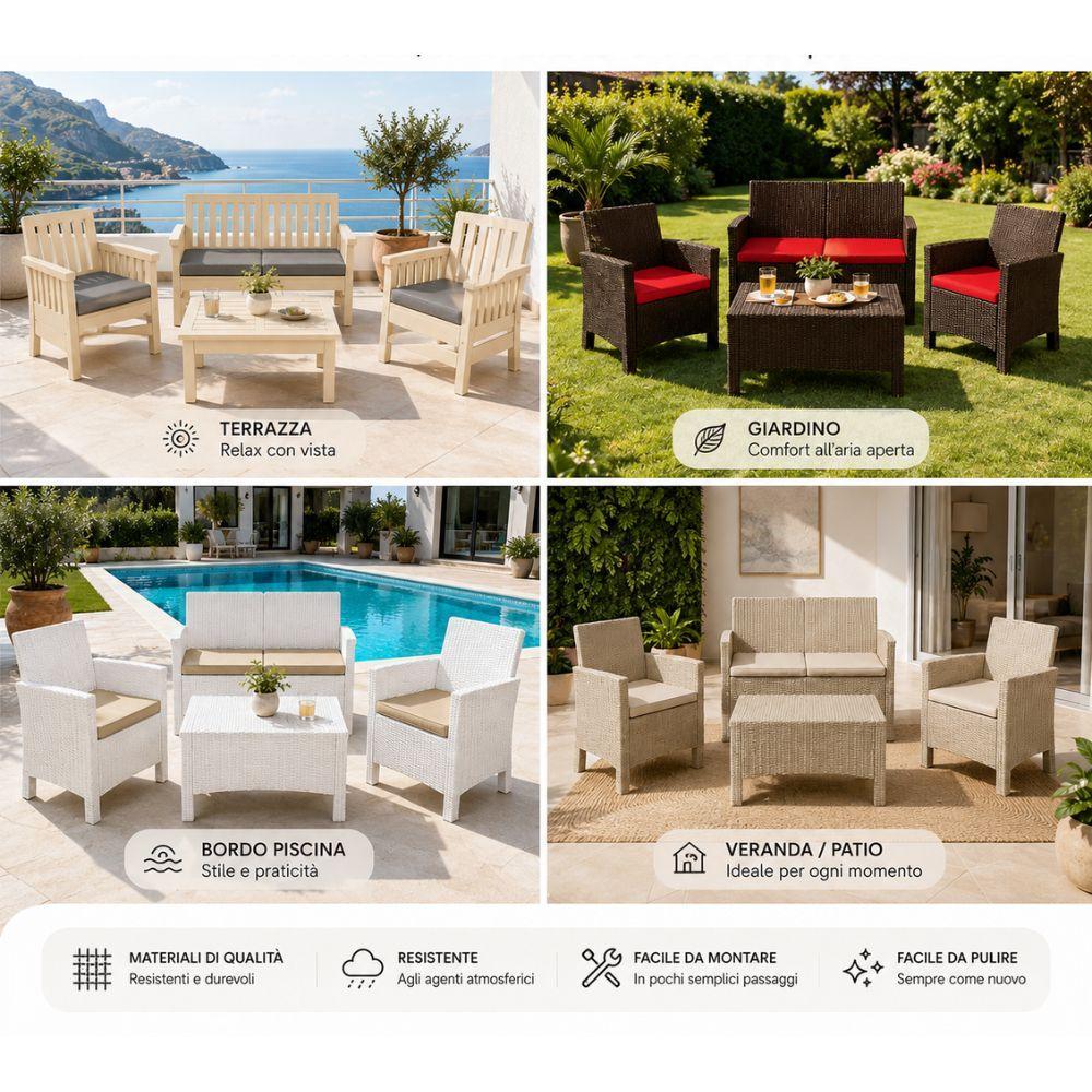  set salotto da giardino esterno 4 pezzi in resina effetto rattan con cuscini - foto 3