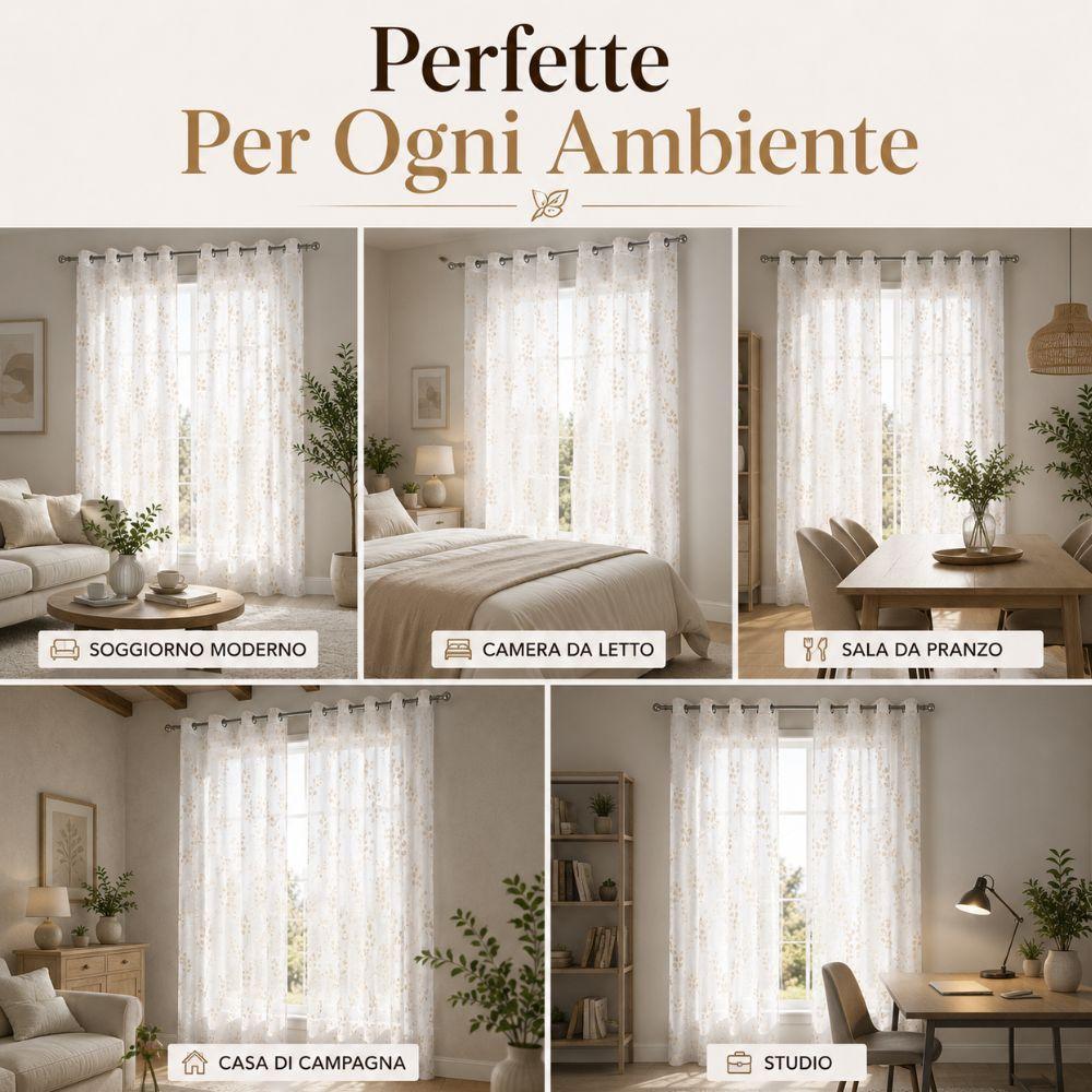 coppia tende semitrasparenti 140x290 cm con 8 anelli fantasia foglie - foto 2 coppia tende semitrasparenti 140x290 cm con 8 anelli fantasia foglie - foto 2