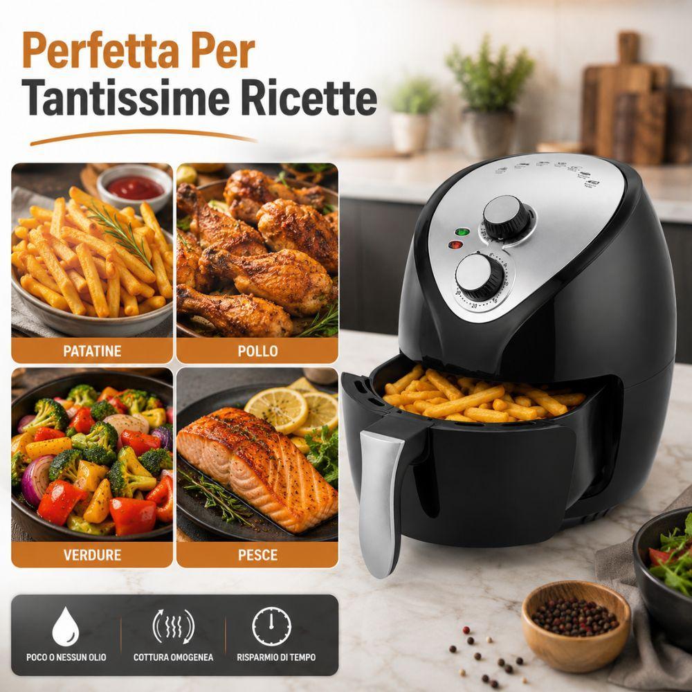 Collage di ricette esempio: patate, pollo, verdure, pesce. Icone funzioni sottostanti.