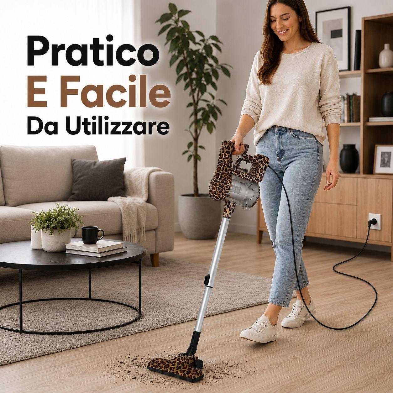 Aspirapolvere verticale con filo in uso, dettagli della fantasía animalier e funzionalità in azione