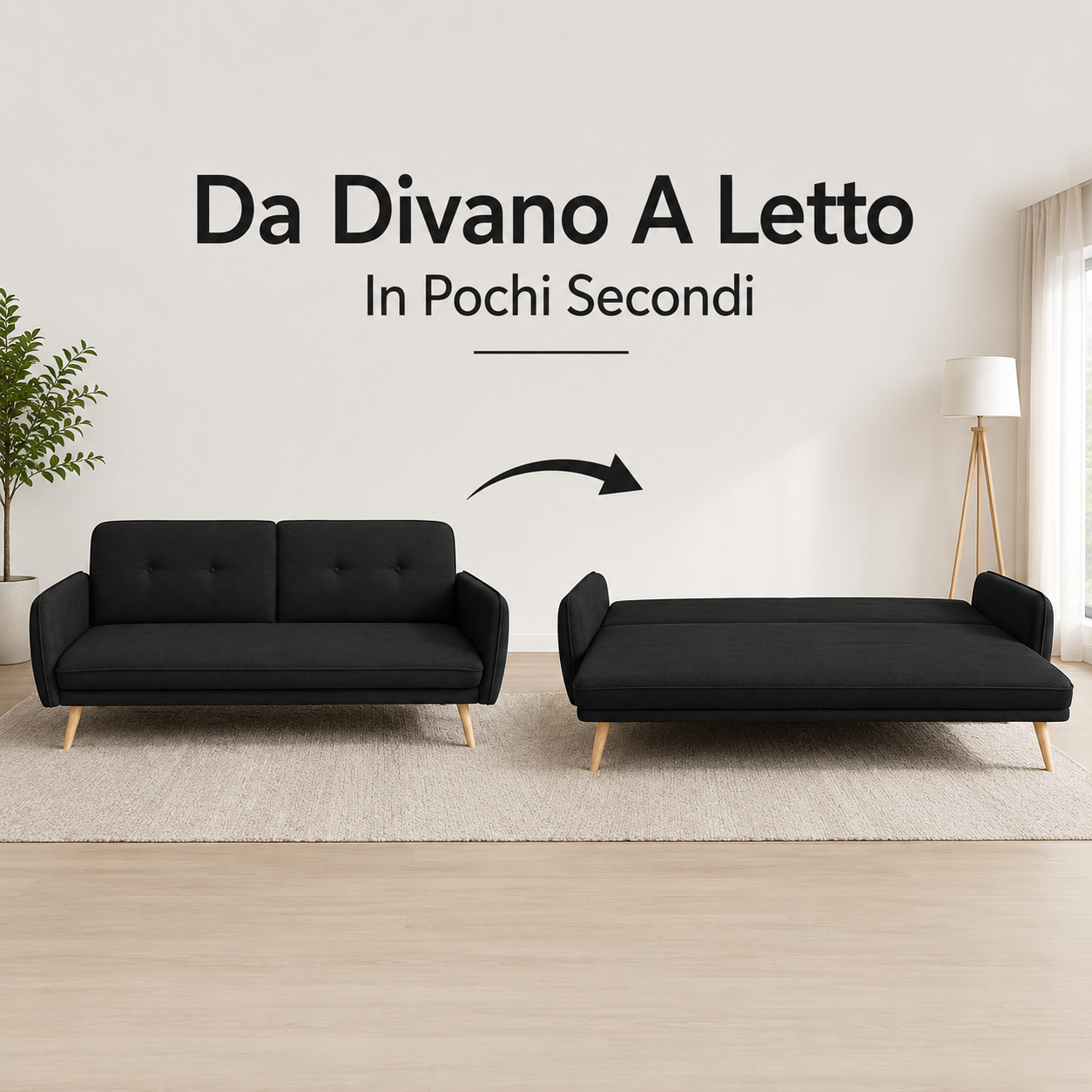 divano letto 3 posti moderno in tessuto nero con piedini in legno - foto 3 divano letto 3 posti moderno in tessuto nero con piedini in legno - foto 3