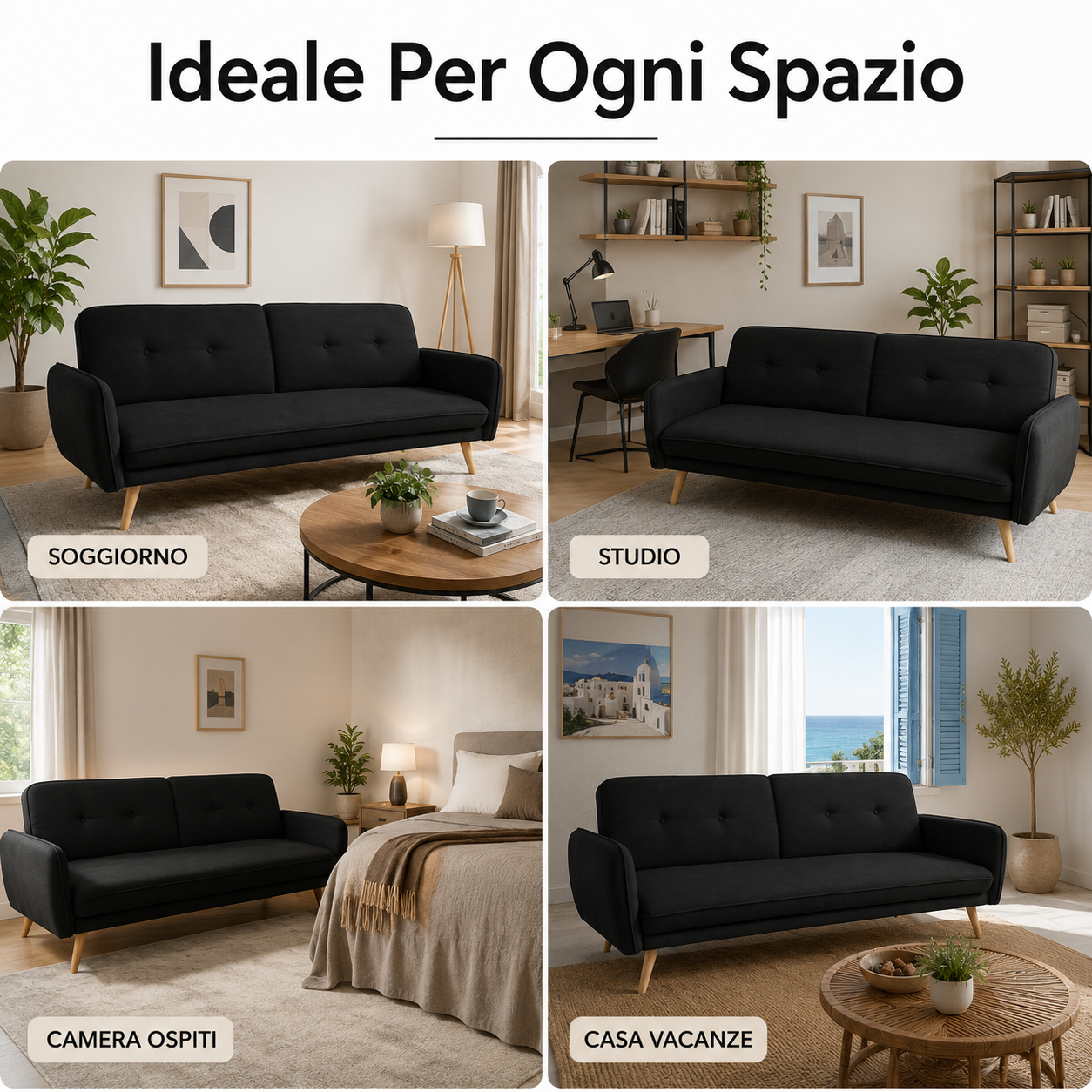 divano letto 3 posti moderno in tessuto nero con piedini in legno - foto 4 divano letto 3 posti moderno in tessuto nero con piedini in legno - foto 4