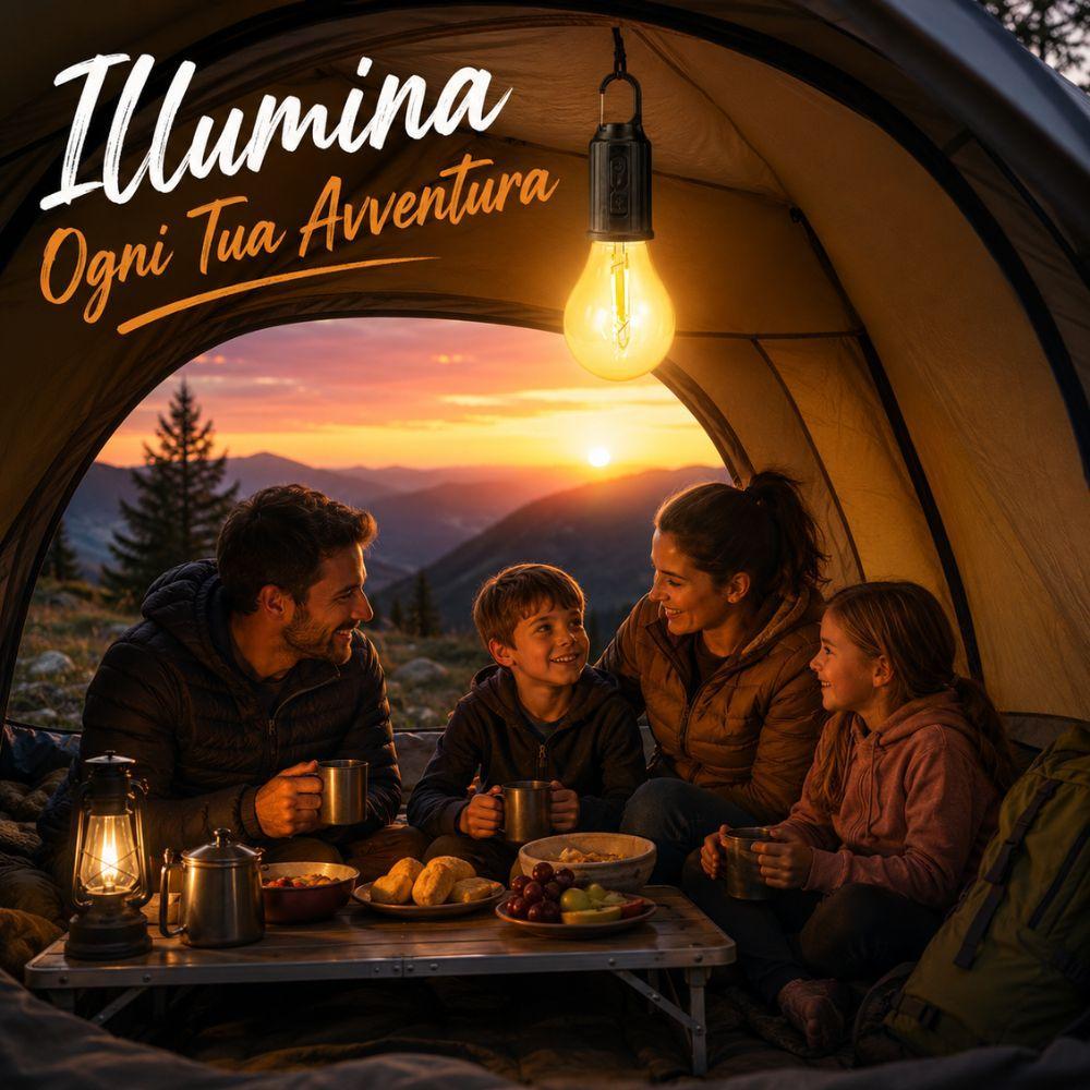 Lampada LED accesa dentro tenda con quattro persone sedute al tavolo al tramonto