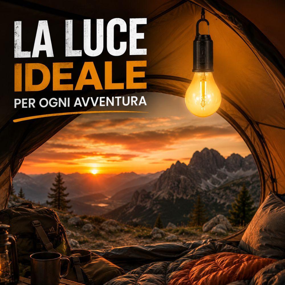 Lampada LED portatile ricaricabile USB C con gancio per campeggio e outdoor