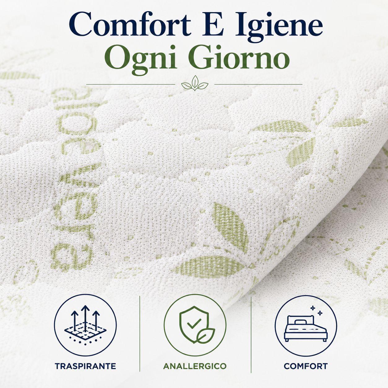 Dettaglio superficie trapuntata bianco e verde con pattern foglie aloe vera e icone Comfort E Igiene