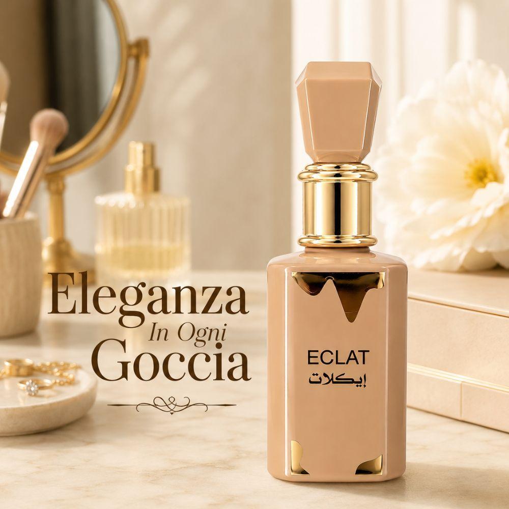 Flacone Eclat in ambiente elegante da bagno con testo 'Eleganza In Ogni Goccia'
