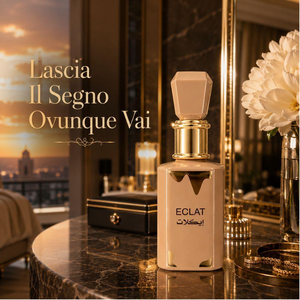 Flacone Eclat su tavolo di lusso con skyline cittadino e testo 'Lascia Il Segno Ovunque Vai'