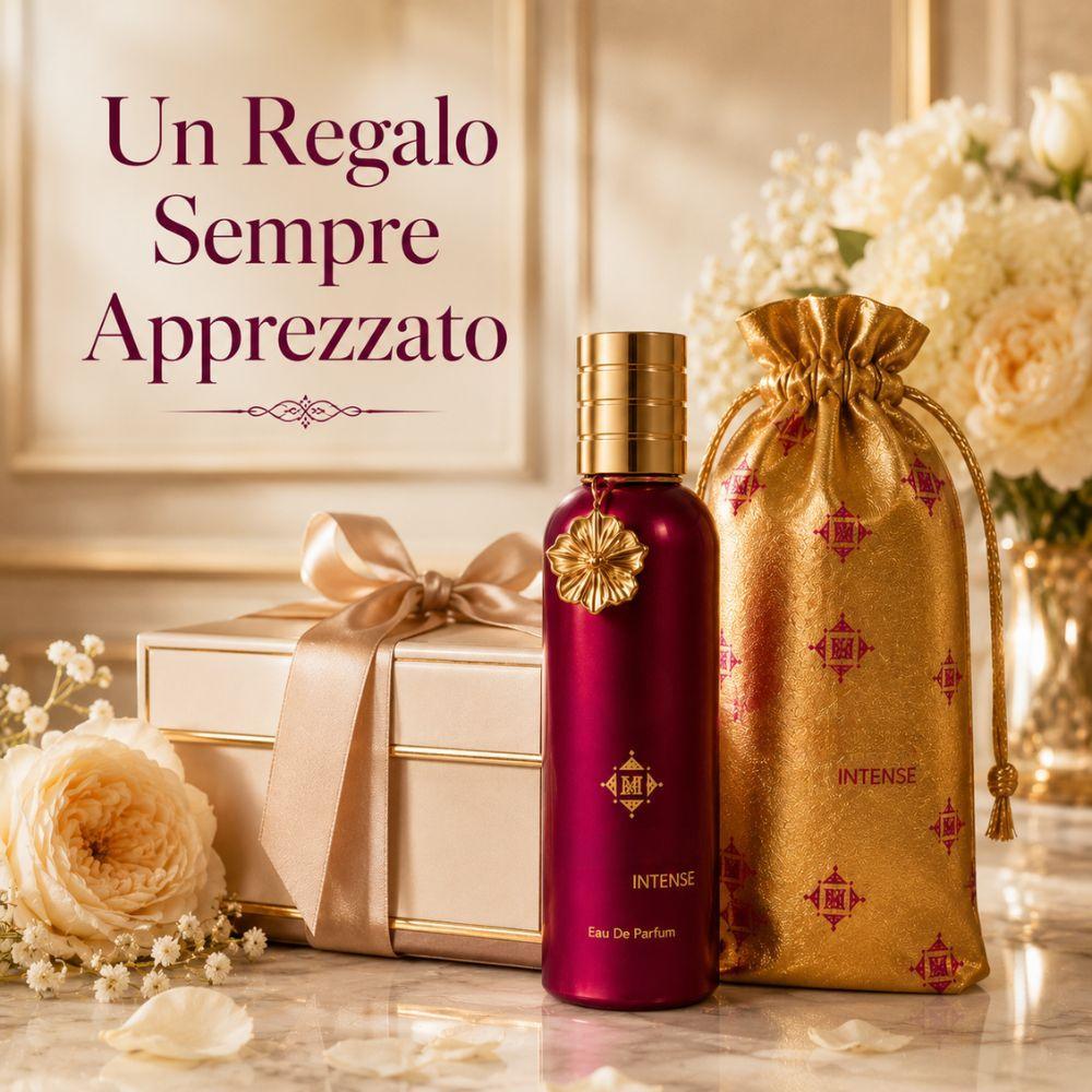 Flacone di profumo con fiori decorativi e testo grafico in sovrimpressione