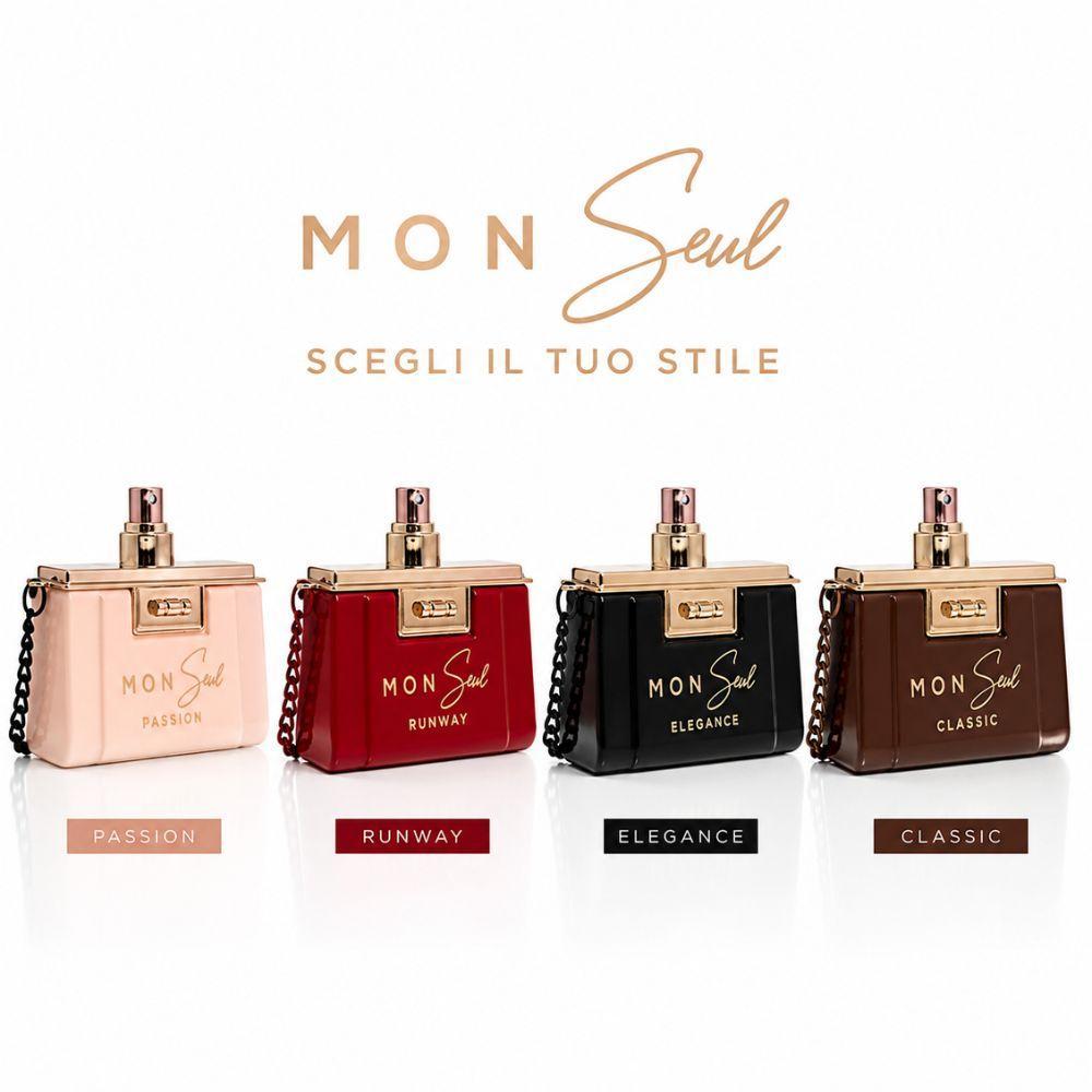 mon seul eau de parfum 100 ml design borsa con catena - foto 4 Quattro varianti di borse con catena abbinate a flaconi di profumo con etichette, logo MON Seul in testa