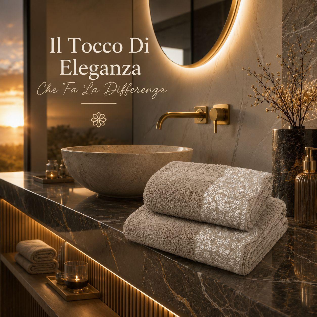 set asciugamani bagno 2 pezzi in spugna con bordo ricamato - foto 2 Due asciugamani piegati su ripiano di marmo in bagno con specchio illuminato