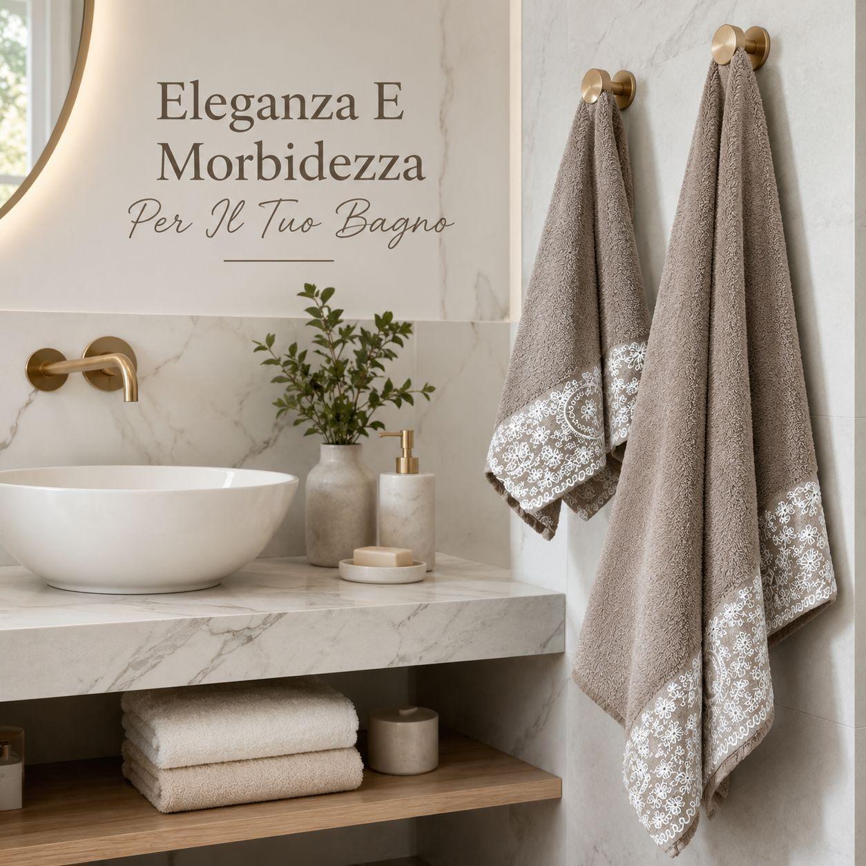 set asciugamani bagno 2 pezzi in spugna con bordo ricamato - foto 4 Asciugamani appesi a porta asciugamani in bagno elegante con specchio e lavabo tondo