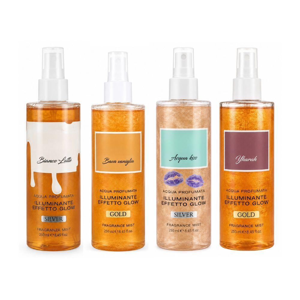 acqua profumata illuminante effetto glow 250 ml, fragranze gold e silver - foto 1 Quattro flaconi spray con etichette colorate di Acqua Profumata Illuminante Effetto Glow 250ml