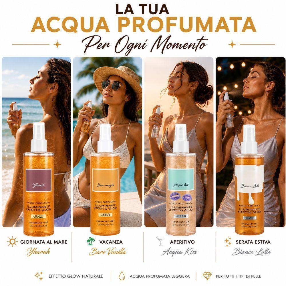 acqua profumata illuminante effetto glow 250 ml, fragranze gold e silver - foto 4 Quattro donne indossano il prodotto in momenti diversi della giornata: mattina, vacanza, aperitivo e sera con flaconi