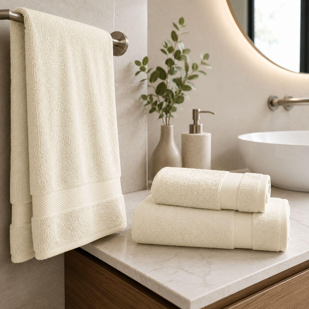 set asciugamani in spugna 2 pezzi viso 50x100 cm ospite 40x60 cm morbidi e assorbenti - foto 4 Asciugamani spugna color avorio su porta asciugamani in bagno minimalista
