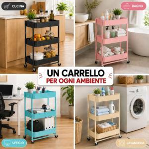 Carrello multiuso pieghevole in metallo 3 ripiani con ruote 47x41x78 cm