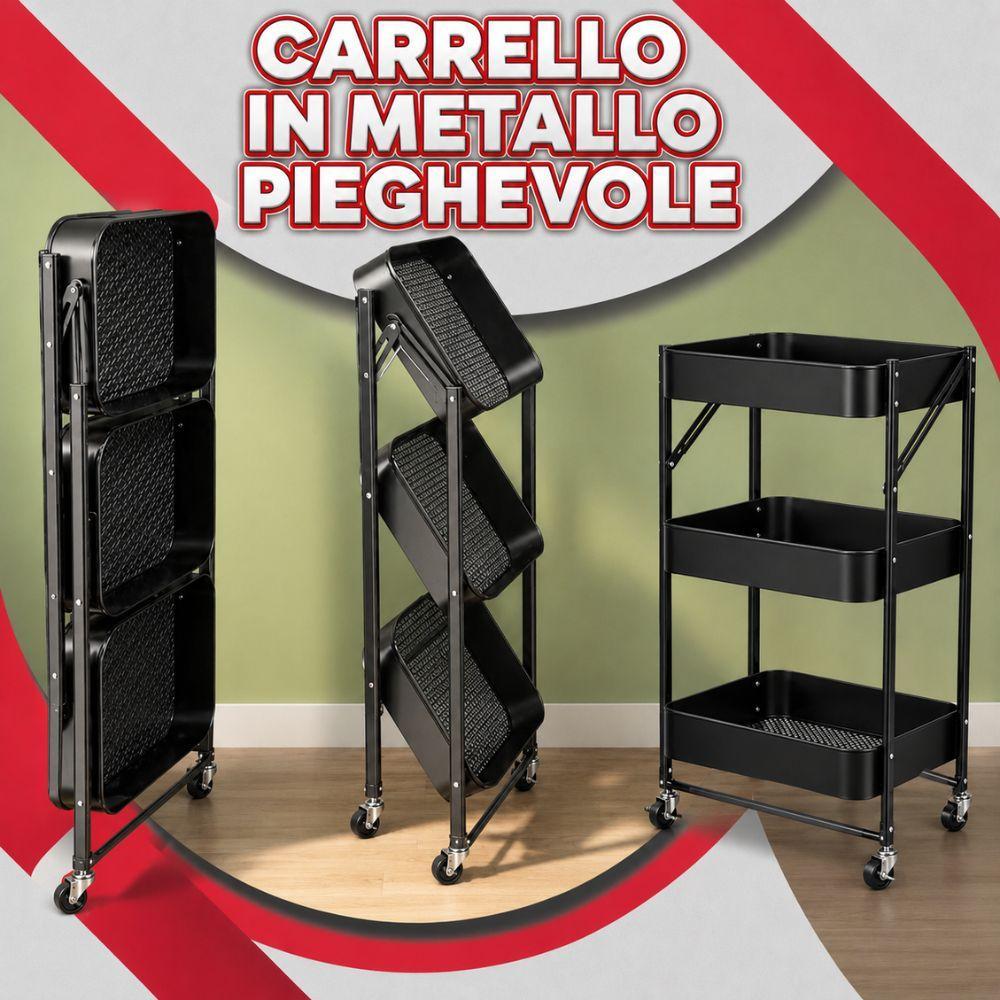 Tre carrelli neri in sequenza: piegato, semipiegato, aperto per illustrare il meccanismo di pieghevolezza