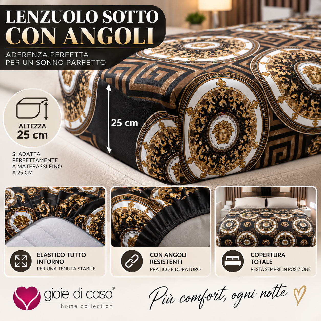 Completo letto matrimoniale fantasia geometrica medaglioni in nero, oro e beige