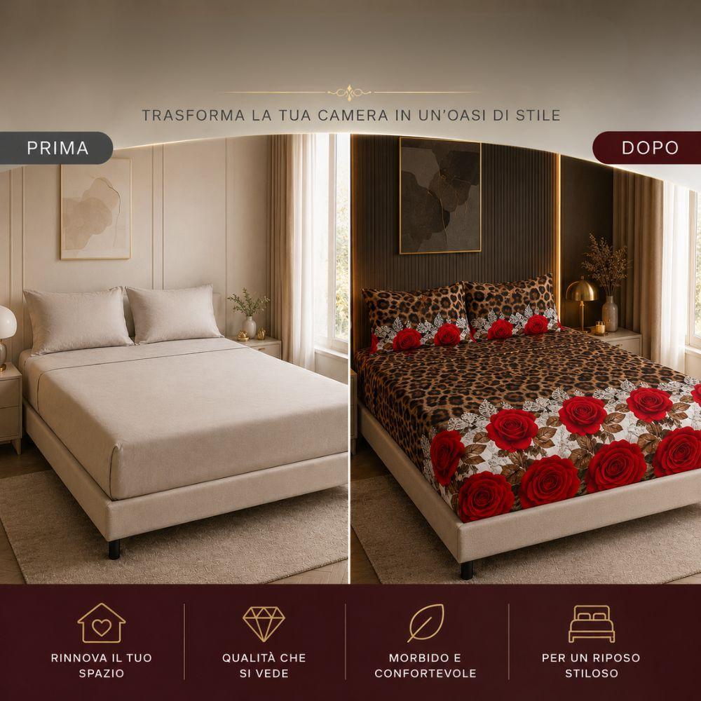 Completo letto matrimoniale con fantasia floreale applicato su camera da letto